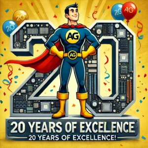 DALL·E 2024-08-09 00.04.07 - A celebratory image for Atomic Geeks' 20th anniversary in business. The image features the Atomic Geeks superhero technician with the offset 'AG' embl